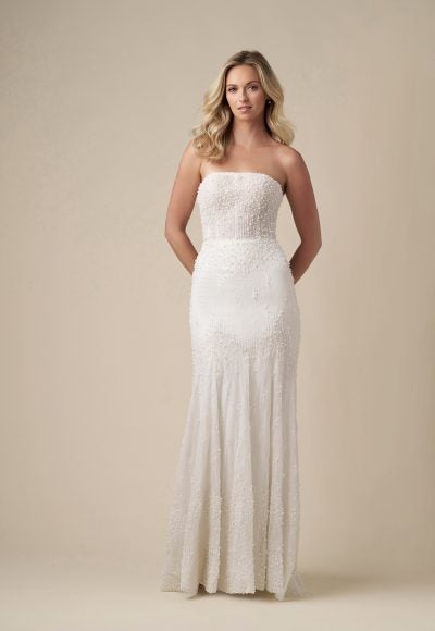 Chic Pearl-Adorned Sheath Wedding Dress With Tulle Overskirt by Danielle Caprese - Image 3