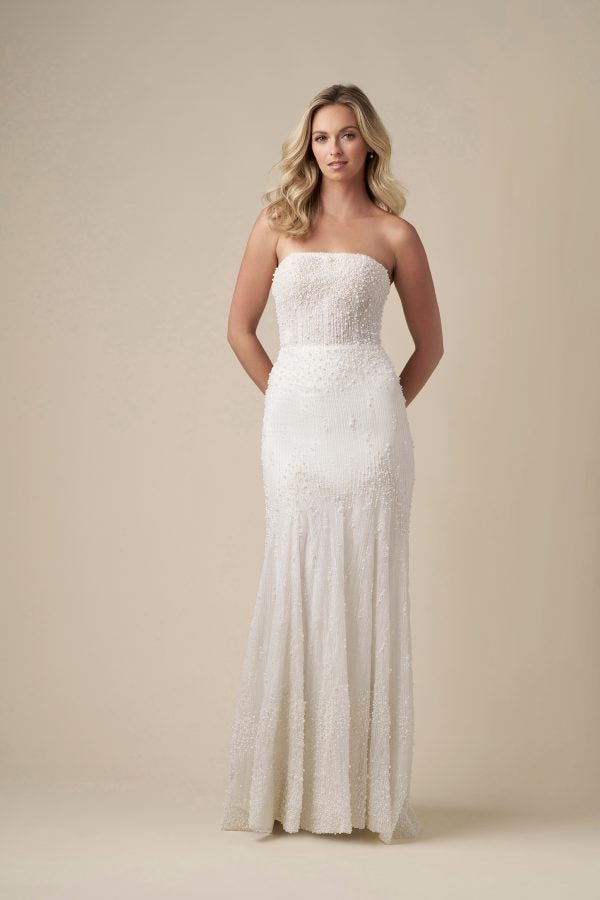 Chic Pearl-Adorned Sheath Wedding Dress With Tulle Overskirt by Danielle Caprese - Image 3