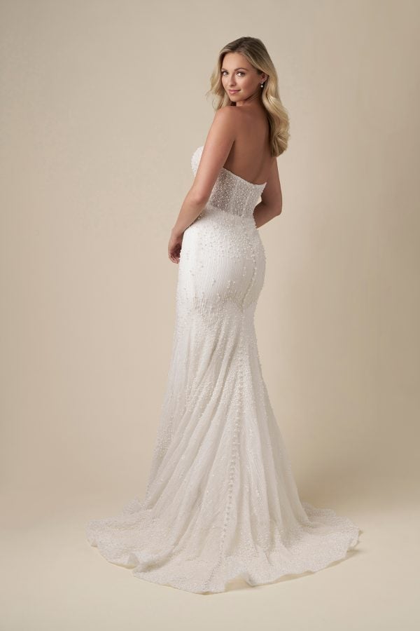 Chic Pearl-Adorned Sheath Wedding Dress With Tulle Overskirt by Danielle Caprese - Image 5