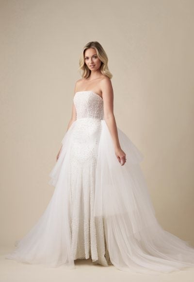 Chic Pearl-Adorned Sheath Wedding Dress With Tulle Overskirt by Danielle Caprese