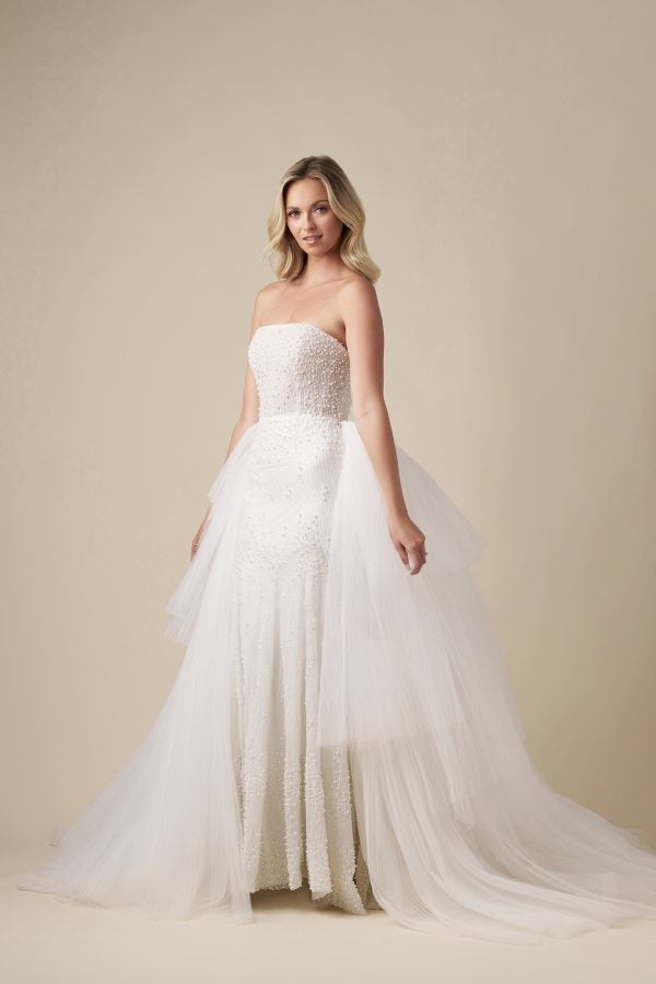 Chic Pearl-Adorned Sheath Wedding Dress With Tulle Overskirt by Danielle Caprese - Image 1