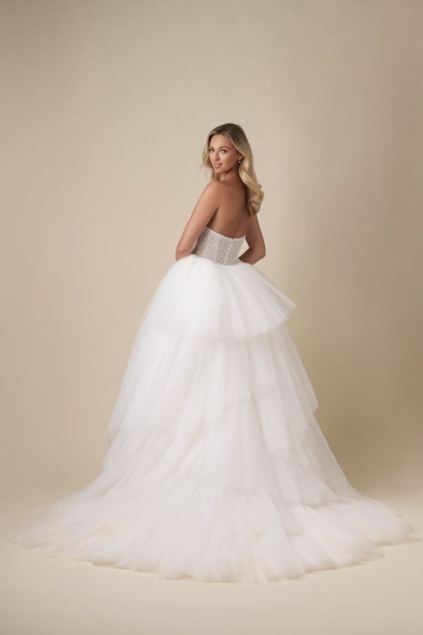 Chic Pearl-Adorned Sheath Wedding Dress With Tulle Overskirt by Danielle Caprese - Image 2