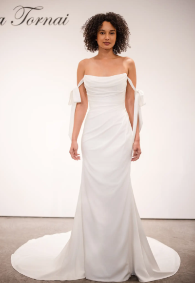 Plus-Size Minimalist Sheath Wedding Dress With Off-The-Shoulder Bows by Love by Pnina Tornai