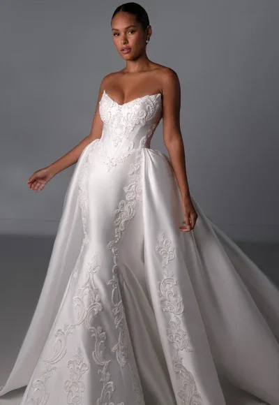 Regal And Dramatic Embellished Lace Silk Fit-And-Flare Wedding Dress With Overskirt by Martina Liana Luxe