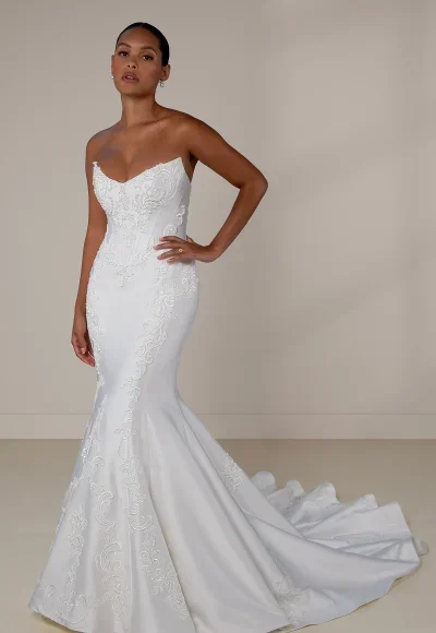 Plus-Size Regal And Dramatic Embellished Lace Silk Fit-And-Flare Wedding Dress With Overskirt by Martina Liana Luxe - Image 2