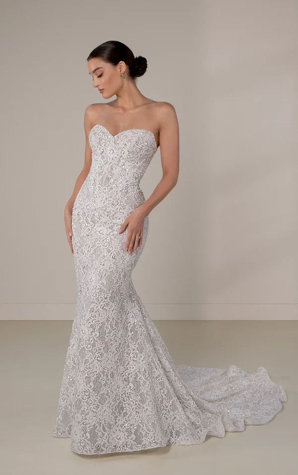 Embellished Lace Sheath Wedding Dress With Detachable Shawl And Overskirt by Martina Liana Luxe - Image 2