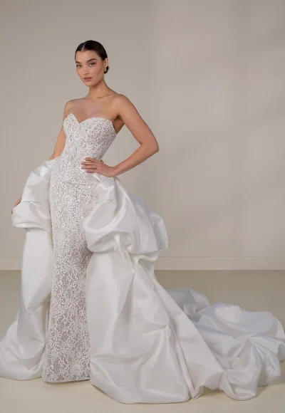 Embellished Lace Sheath Wedding Dress With Detachable Shawl And Overskirt by Martina Liana Luxe - Image 4