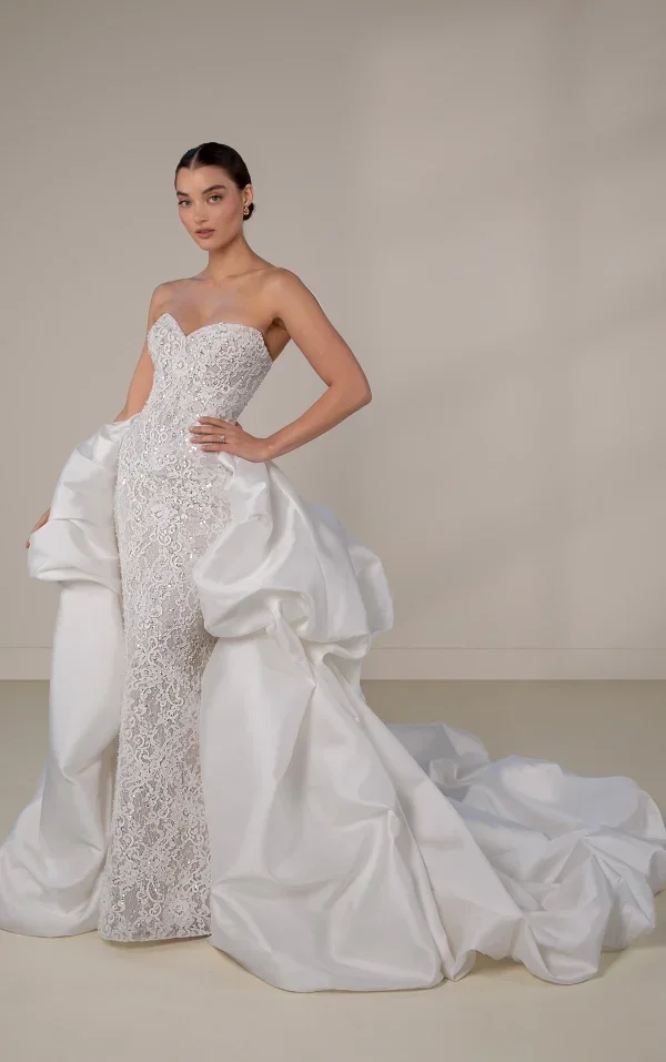 Embellished Lace Sheath Wedding Dress With Detachable Shawl And Overskirt by Martina Liana Luxe - Image 4