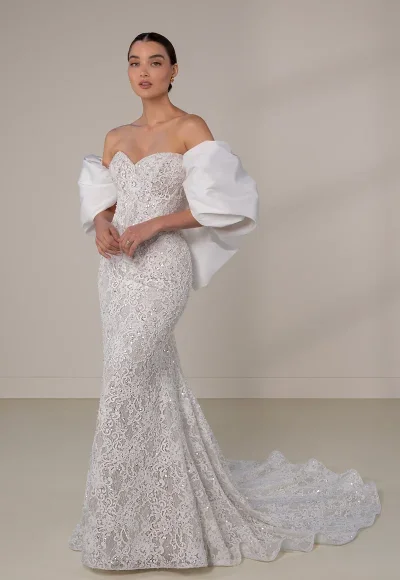 Embellished Lace Sheath Wedding Dress With Detachable Shawl And Overskirt by Martina Liana Luxe - Image 3
