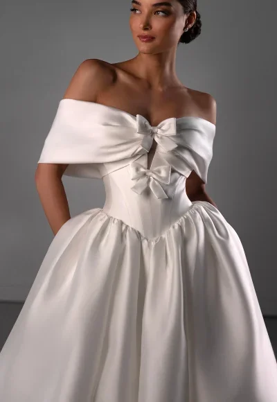 Chic And Classic Off-The-Shoulder Silk Ball Gown With Bows by Martina Liana Luxe - Image 2