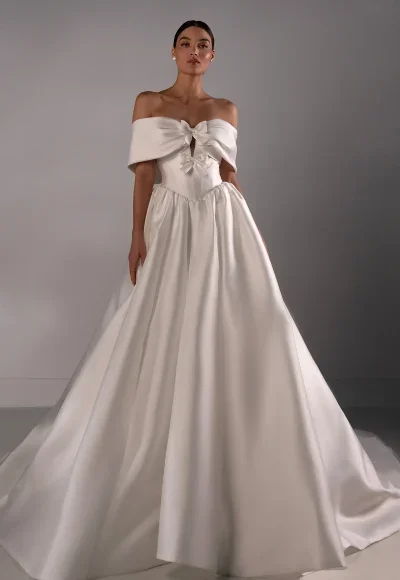 Chic And Classic Off-The-Shoulder Silk Ball Gown With Bows by Martina Liana Luxe
