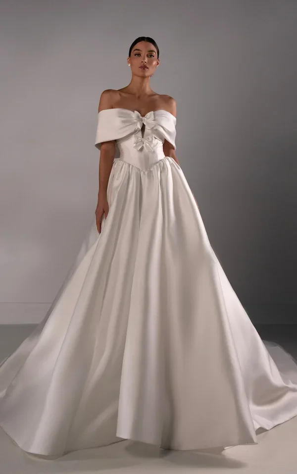 Chic And Classic Off-The-Shoulder Silk Ball Gown With Bows by Martina Liana Luxe - Image 1