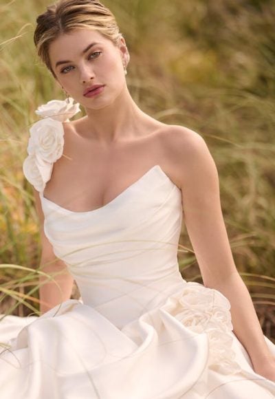 Plus-Size Dramatic And Romantic 3D Floral Satin Ball Gown With Buttons by Maggie Sottero