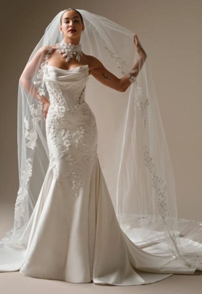 Modern And Romantic Embellished Satin Fit-And-Flare Wedding Dress With Detachable Accessories by Maggie Sottero - Image 5