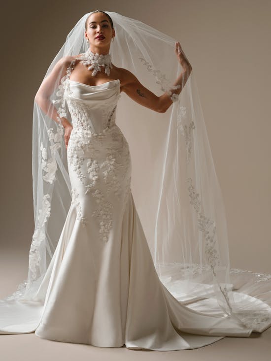 Modern And Romantic Embellished Satin Fit-And-Flare Wedding Dress With Detachable Accessories by Maggie Sottero - Image 5