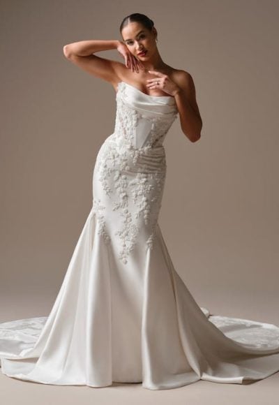 Modern And Romantic Embellished Satin Fit-And-Flare Wedding Dress With Detachable Accessories by Maggie Sottero
