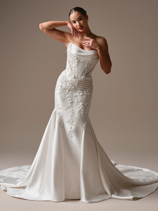 Modern And Romantic Embellished Satin Fit-And-Flare Wedding Dress With Detachable Accessories by Maggie Sottero - Image 1