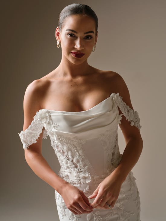 Modern And Romantic Embellished Satin Fit-And-Flare Wedding Dress With Detachable Accessories by Maggie Sottero - Image 3