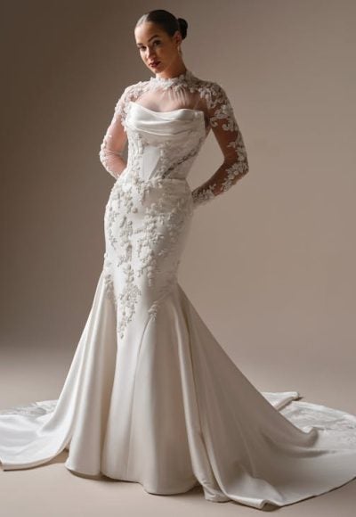 Modern And Romantic Embellished Satin Fit-And-Flare Wedding Dress With Detachable Accessories by Maggie Sottero - Image 4
