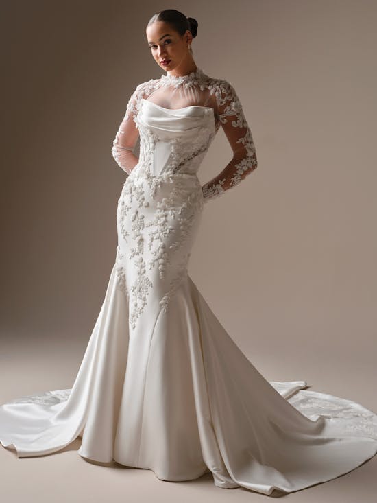 Modern And Romantic Embellished Satin Fit-And-Flare Wedding Dress With Detachable Accessories by Maggie Sottero - Image 4