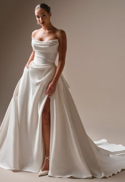 Chic And Modern Pearl-Adorned A-Line Wedding Dress With Buttons And Slit by Maggie Sottero