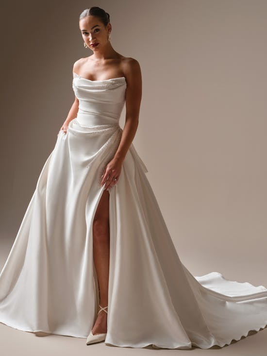 Chic And Modern Pearl-Adorned A-Line Wedding Dress With Buttons And Slit by Maggie Sottero - Image 1