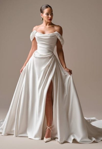 Chic And Modern Pearl-Adorned A-Line Wedding Dress With Buttons And Slit by Maggie Sottero - Image 3