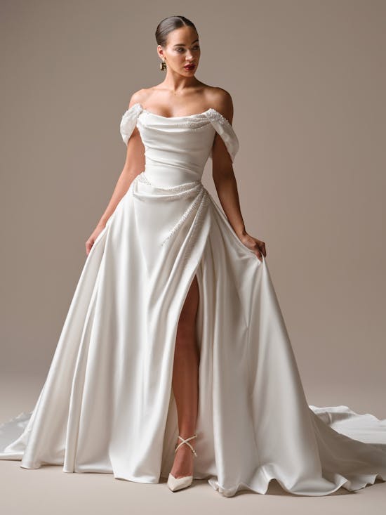 Chic And Modern Pearl-Adorned A-Line Wedding Dress With Buttons And Slit by Maggie Sottero - Image 3