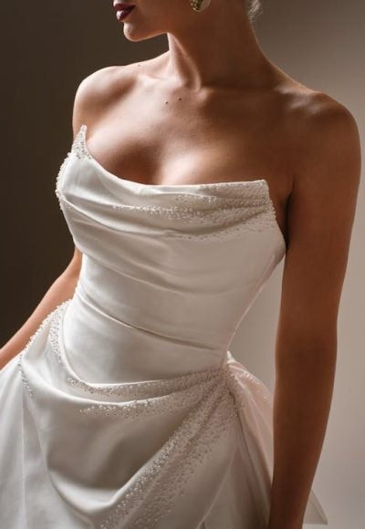 Chic And Modern Pearl-Adorned A-Line Wedding Dress With Buttons And Slit by Maggie Sottero - Image 2
