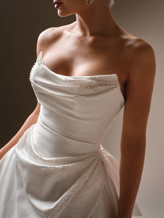 Chic And Modern Pearl-Adorned A-Line Wedding Dress With Buttons And Slit by Maggie Sottero - Image 2