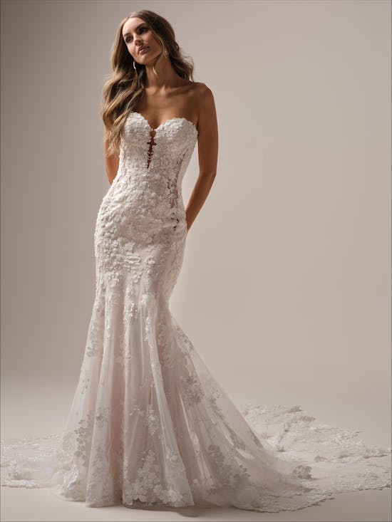 Strapless Floral-Embroidered Fit-And-Flare Wedding Dress With Buttons by Maggie Sottero - Image 1