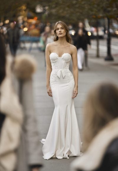 Chic And Modern Crepe Fit-And-Flare Wedding Dress With Bow by Netta BenShabu Elite Couture