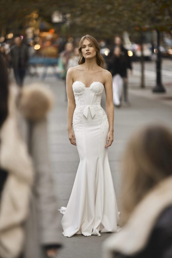 Chic And Modern Crepe Fit-And-Flare Wedding Dress With Bow by Netta BenShabu Elite Couture - Image 1