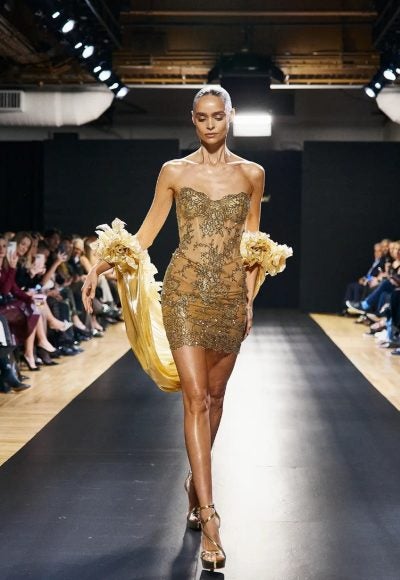 Crystal-Embellished Gold Bridal Mini Dress by Pnina Tornai