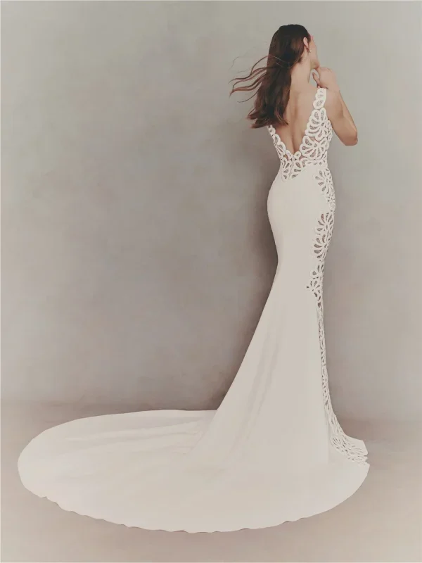 V-Neck Crepe Fit-And-Flare Wedding Dress With Open Back by Pronovias - Image 3