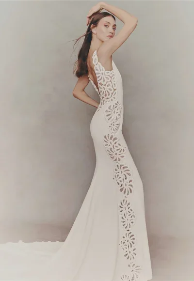 V-Neck Crepe Fit-And-Flare Wedding Dress With Open Back by Pronovias - Image 2