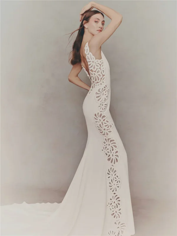 V-Neck Crepe Fit-And-Flare Wedding Dress With Open Back by Pronovias - Image 2