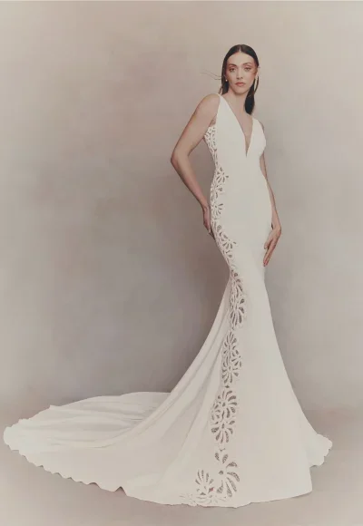 V-Neck Crepe Fit-And-Flare Wedding Dress With Open Back by Pronovias