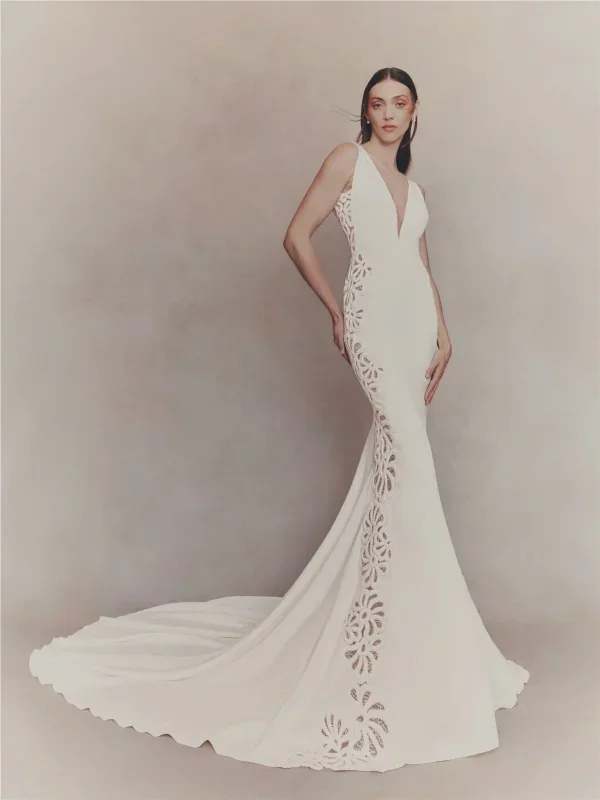 V-Neck Crepe Fit-And-Flare Wedding Dress With Open Back by Pronovias - Image 1