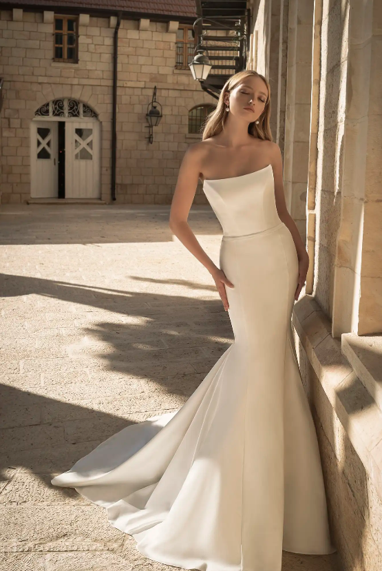 Plus-Size Strapless Stretch Satin Fit-and-Flare Wedding Dress by Love by Pnina Tornai - Image 1