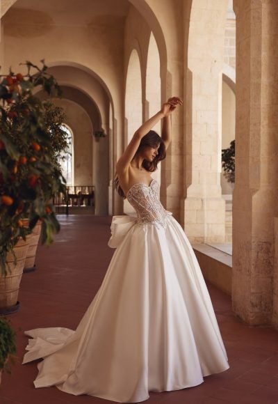 Strapless Crystal-Embellished Satin Ball Gown With Bow by Love by Pnina Tornai