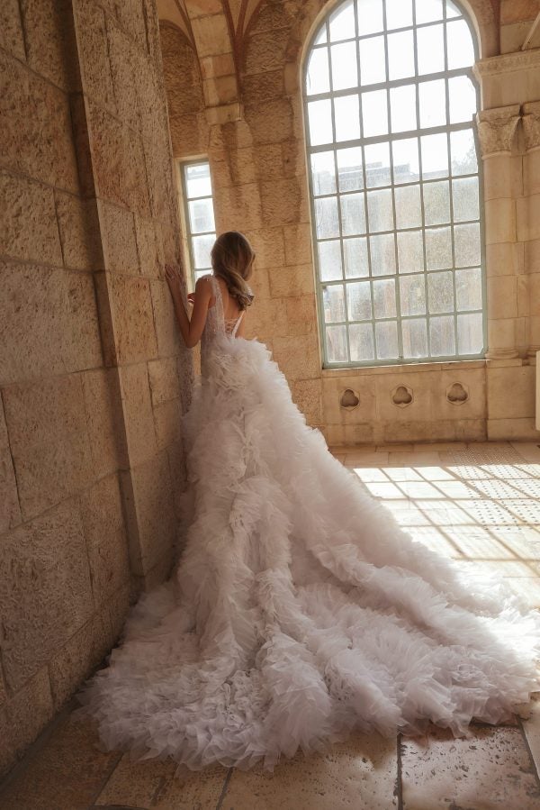 Embellished Lace Sheath Wedding Dress With Detachable Train by Pnina Tornai - Image 3