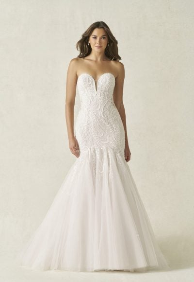 Strapless Lace Fit-and-Flare Wedding Dress With Tulle Skirt by Allure Bridals