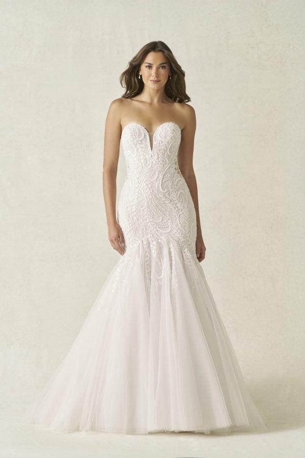 Strapless Lace Fit-and-Flare Wedding Dress With Tulle Skirt by Allure Bridals - Image 1