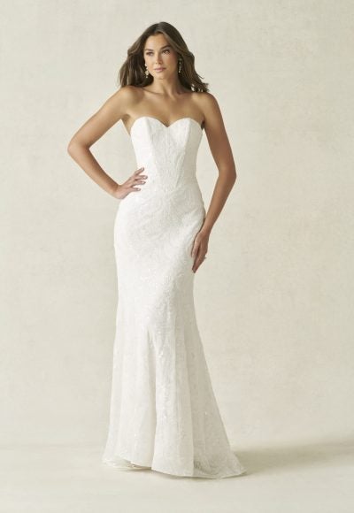 Modern Lace Sheath Wedding Dress With Detachable Overskirt by Allure Bridals