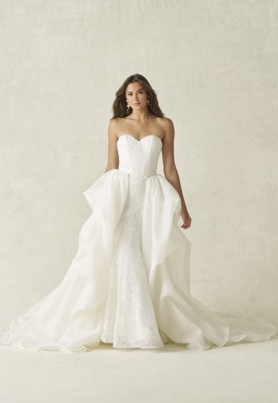 Modern Lace Sheath Wedding Dress With Detachable Overskirt by Allure Bridals - Image 3
