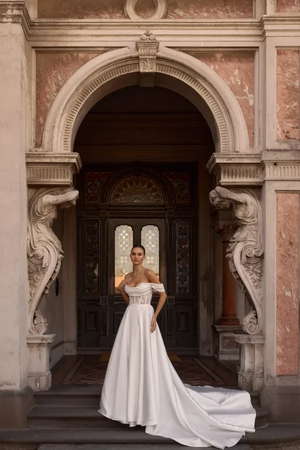 Structured A-Line Wedding Dress With Floral Embellishments by Anna Campbell - Image 1