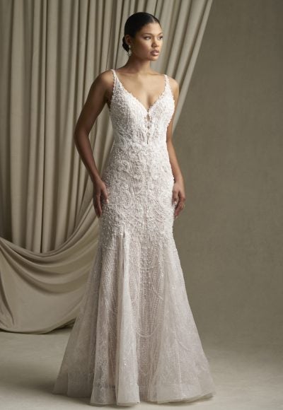 Plus-Size Lace Sheath Wedding Dress With Pearl Details by Allure Bridals