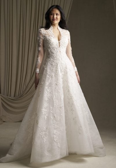 Plus-Size Regal Long Sleeve Sparkly Lace A-Line Wedding Dress With Buttons by Allure Bridals