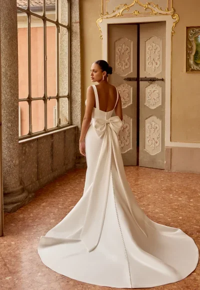 Sleek And Modern Fit-and-Flare Gown With Detachable Bow by Justin Alexander - Image 2